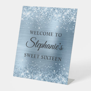 Glittery Light Blue Foil Sweet Sixteen Pedestal Sign