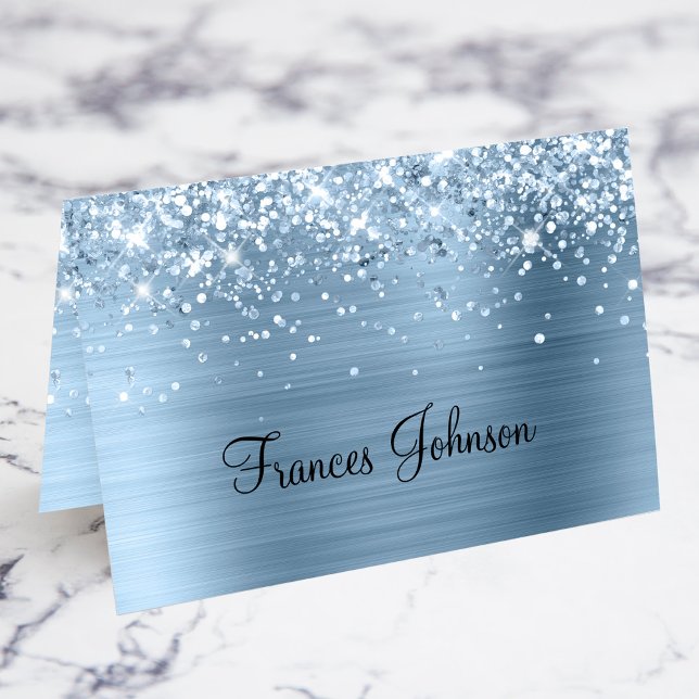 Glittery Light Blue Individual Name Place Cards (Fold Your Own Individual Place Cards)