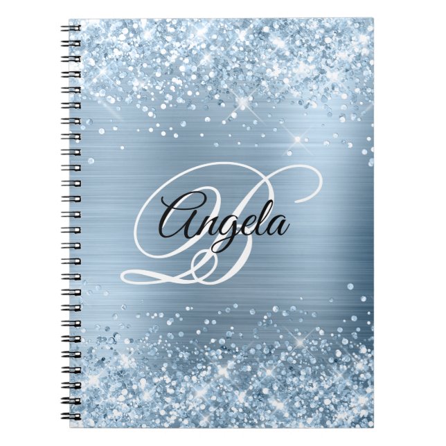 Glittery Light Blue Metallic Fancy Monogram Notebook (Front)
