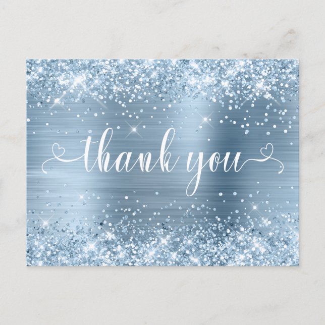 Glittery Light Blue Sweet 16 Hearts Thank You Postcard (Front)
