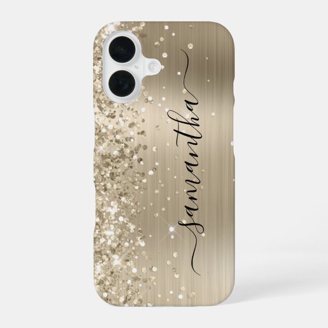 Glittery Light Gold Metallic Girly Signature iPhone 16 Case (Back)