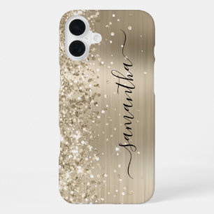 Glittery Light Gold Metallic Girly Signature iPhone 16 Plus Case