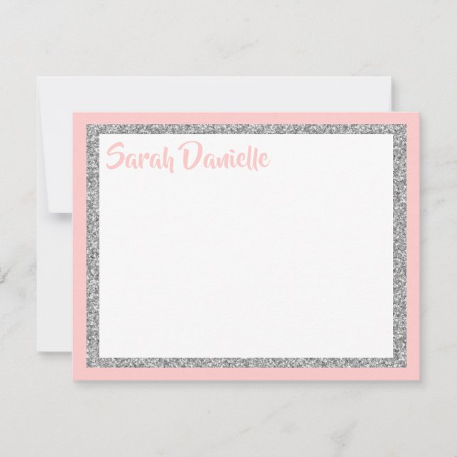 Glittery Light Pink and Silver Thank You Flat Card (Front)