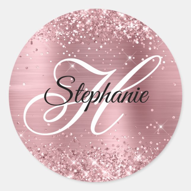Glittery Light Pink Foil Fancy Monogram Classic Round Sticker (Front)