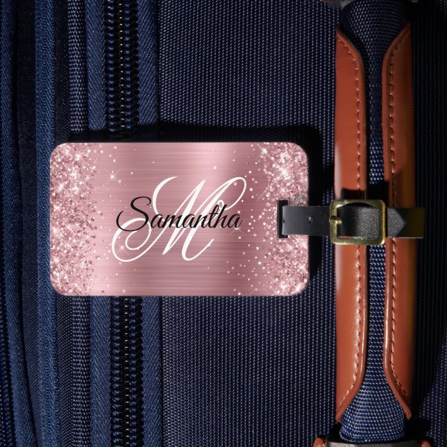 Glittery Light Pink Foil Fancy Monogram Luggage Tag (Front Insitu 4)