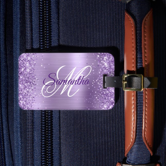 Glittery Light Purple Foil Fancy Monogram Luggage Tag (Front Insitu 4)