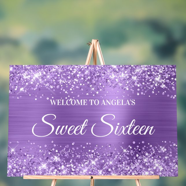 Glittery Light Purple Foil Sweet Sixteen Welcome Acrylic Sign (Neutral)