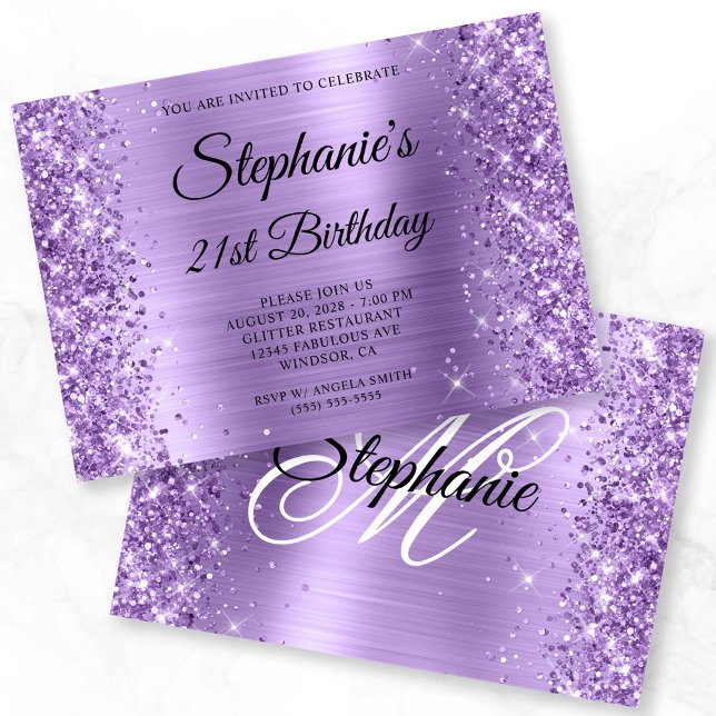 Glittery Light Purple Glam Monogram 21st Birthday Invitation (Horizontal 5x7 Invite)