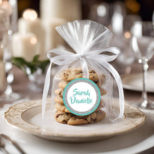 Glittery Light Teal and Silver Name Favour Sticker