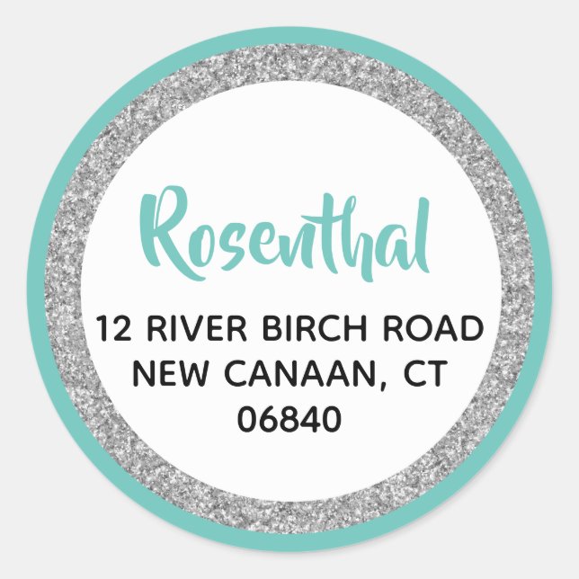 Glittery Light Teal & Silver Return Address Classic Round Sticker (Front)