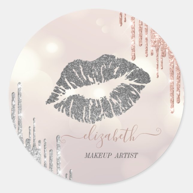 Glittery Lips,Rose Gold Silver Drips Bokeh Classic Round Sticker (Front)