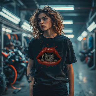 glittery lips with a vampire fang, funny cat Tri-Blend shirt