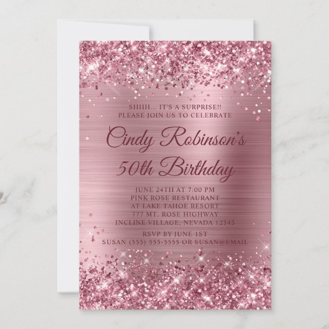 Glittery Medium Pink Foil Surprise 50th Birthday Invitation (Front)