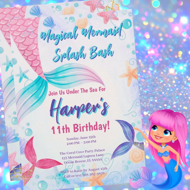 Glittery Mermaid Magical Birthday Party Invite (Magical Mermaid Birthday Party Invitation)