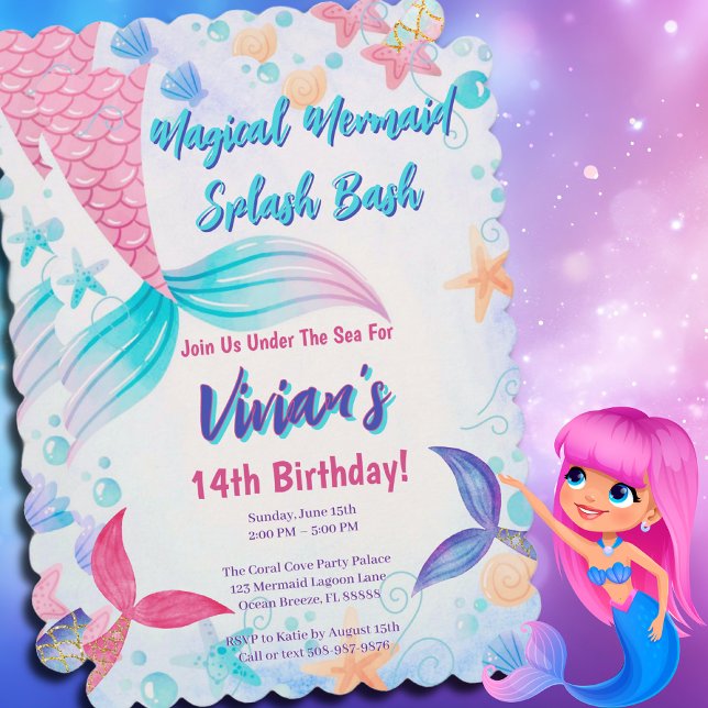 Glittery Mermaid Tail Birthday Party  Invitation (Magical Mermaid Birthday Party Invitation)