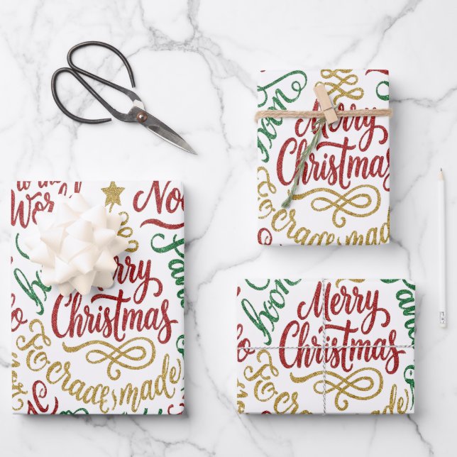 Glittery Merry Christmas and Joy Typography Wrapping Paper Sheet (Front)