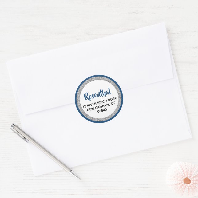Glittery Navy Blue & Silver Return Address Classic Round Sticker (Envelope)