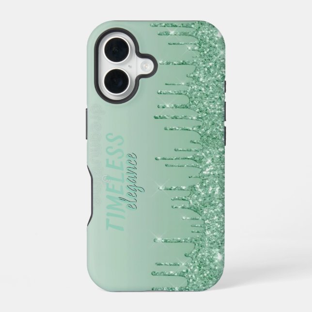 Glittery Paint Drip Mint Green Glam Aesthetic iPhone 16 Case (Back)