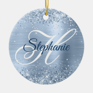 Glittery Pale Dusty Blue Foil Fancy Monogram Ceramic Tree Decoration