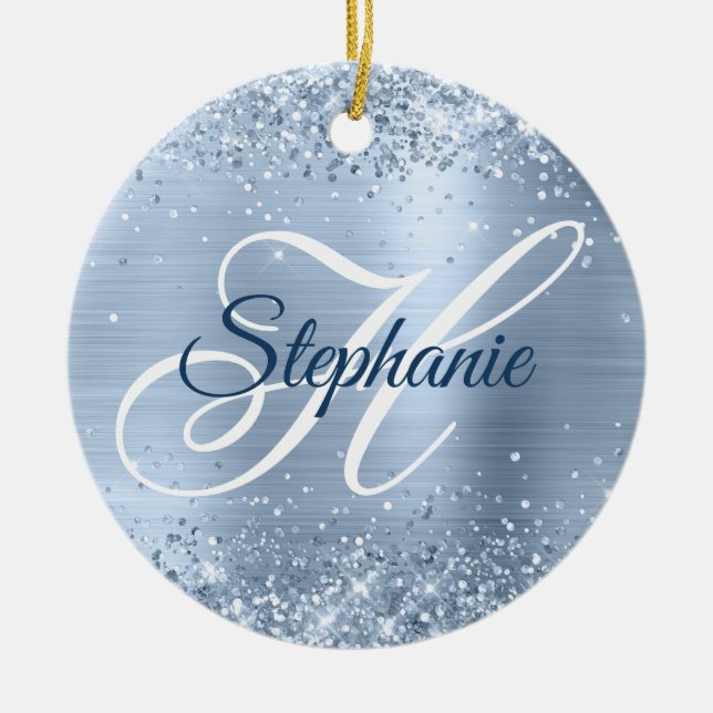 Glittery Pale Dusty Blue Foil Fancy Monogram Ceramic Tree Decoration (Front)