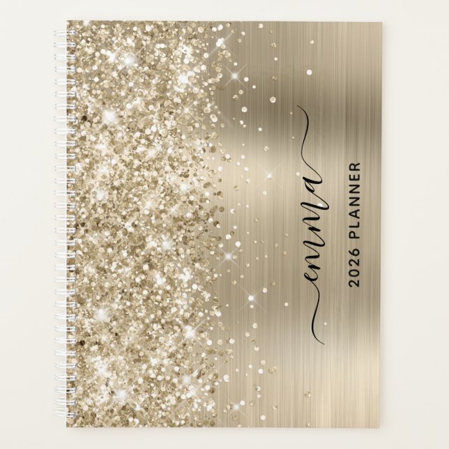 Glittery Pale Gold Foil Swash Signature Planner (Front)
