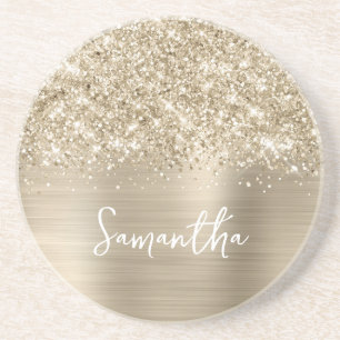 Glittery Pale Gold Glam Name Coaster