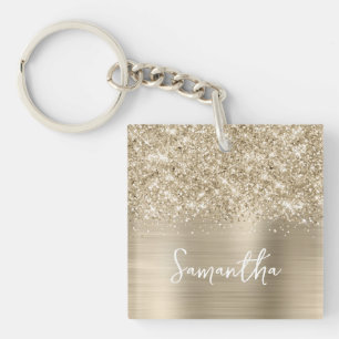 Glittery Pale Gold Glam Name Photo Key Ring