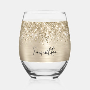 Glittery Pale Gold Glam Name Stemless Wine Glass