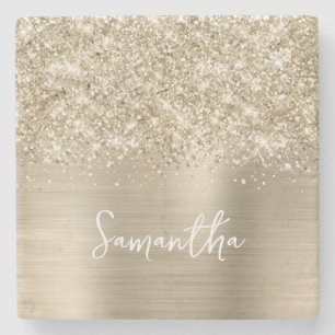 Glittery Pale Gold Glam Name Stone Coaster