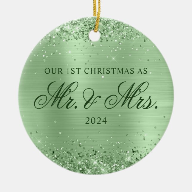 Glittery Pale Green Foil Our 1st Christmas Photo Ceramic Tree Decoration (Front)