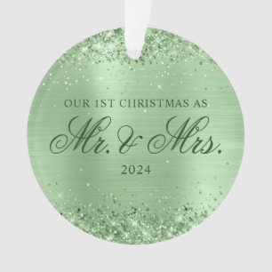 Glittery Pale Green Foil Our 1st Christmas Photo Ornament