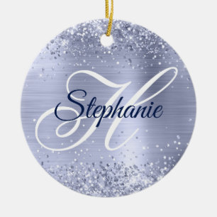 Glittery Pale Metallic Periwinkle Fancy Monogram Ceramic Tree Decoration