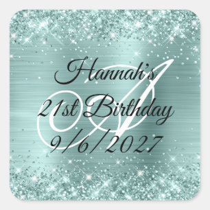 Glittery Pale Teal Foil Monogram 21st Birthday Square Sticker