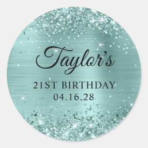 Glittery Pale Turquoise Foil 21st Birthday Classic Round Sticker