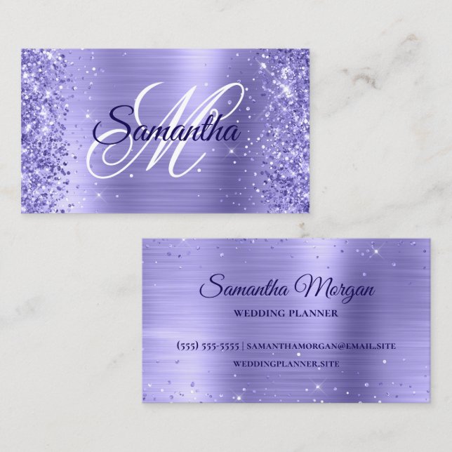 Glittery Periwinkle Foil Fancy Monogram Business Card (Front/Back)
