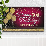 Glittery Pink and Gold Happy 50th Birthday Banner<br><div class="desc">Fun banner sign for indoors or out,  featuring some glam metallic balloons and glittery confetti on a rich textured dark pink background for your personalised birthday banner.</div>