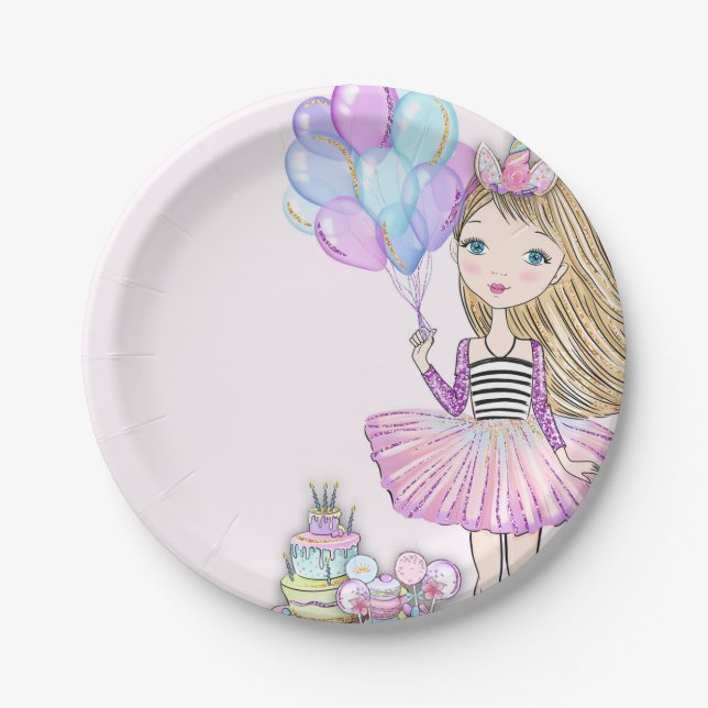 Glittery Pink Birthday Blonde Girl Unicorn  Paper Plate (Front)
