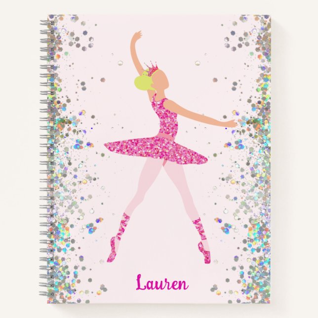 Glittery Pink Blonde Ballerina Dance Art Notebook (Front)