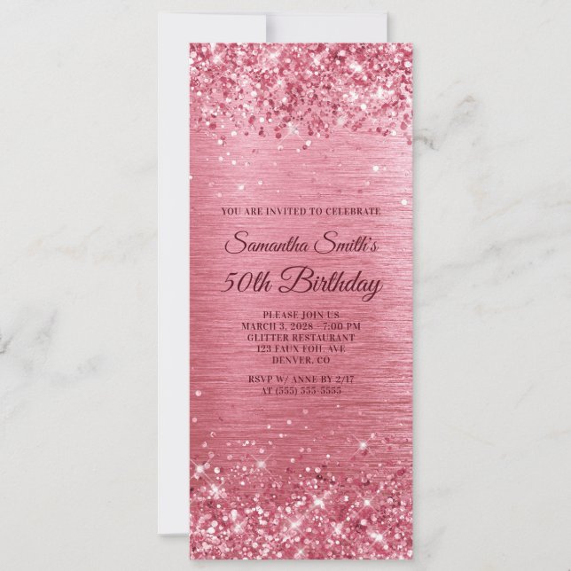 Glittery Pink Brushed Foil 50th Birthday Invitation (Front)