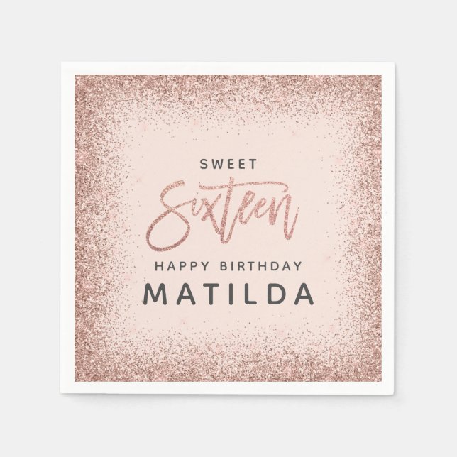 Glittery pink girly script typography modern 16th napkin (Front)