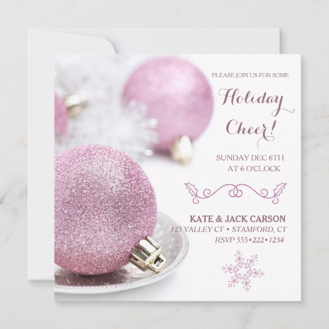 Glittery Pink Ornaments Modern Christmas Invitation (Front)