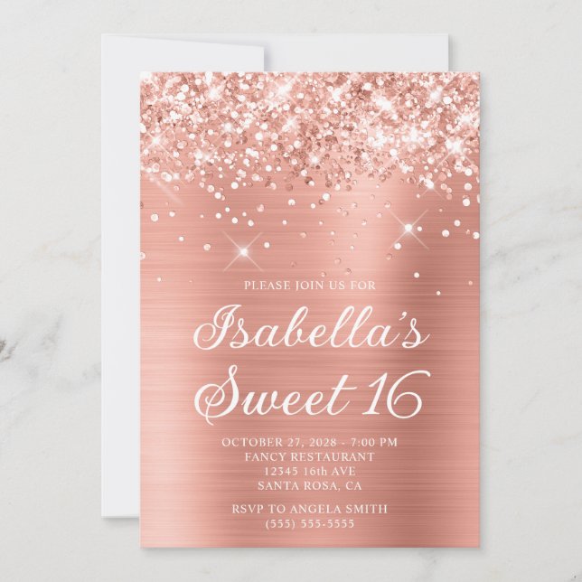 Glittery Pink Peach Foil Sweet 16 Photo Invitation (Front)