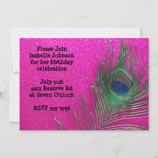 Glittery Pink Peacock Birthday Invitation (Front)