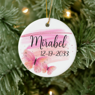 Glittery Pink Rose Butterfly Personalized Ceramic Tree Decoration