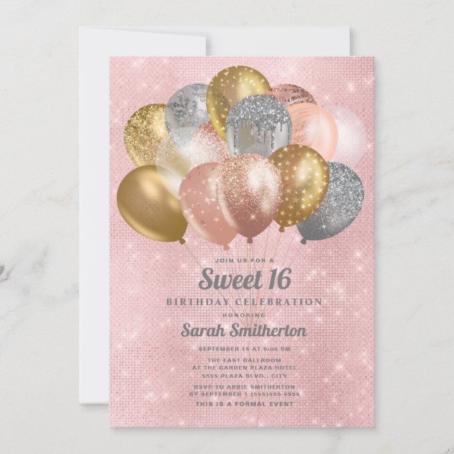 Glittery Pink Silver Gold Balloons Sweet 16 Invitation (Front)
