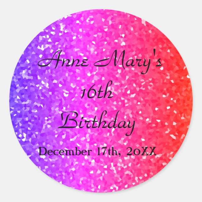 Glittery Pink Sparkle Custom Name 16th Birthday Classic Round Sticker (Front)