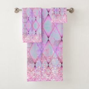 Glittery Pink Teal Pastels Abstract Harlequin Bath Towel Set