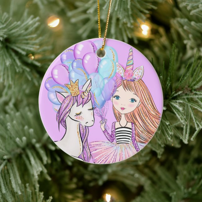 Glittery Pink Unicorn Girls Birthday Ceramic Tree Decoration (Tree)