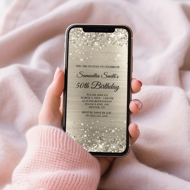 Glittery Platinum 50th Birthday Invitation (Glittery Platinum 50th Birthday Invitation)