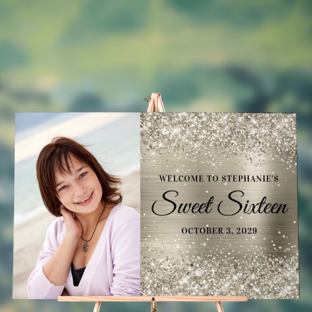 Glittery Platinum Foil Sweet Sixteen Welcome Big Acrylic Sign (Neutral)